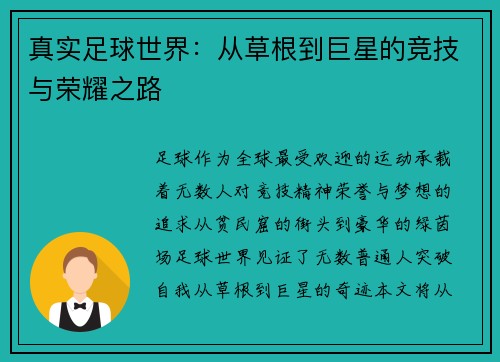 真实足球世界：从草根到巨星的竞技与荣耀之路