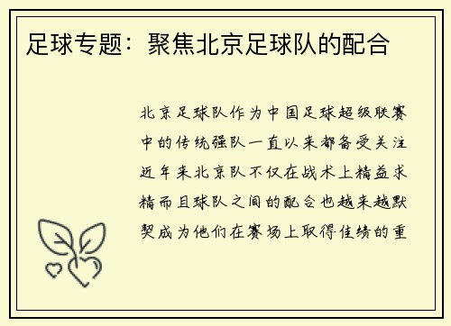 足球专题：聚焦北京足球队的配合