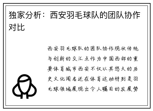 独家分析：西安羽毛球队的团队协作对比