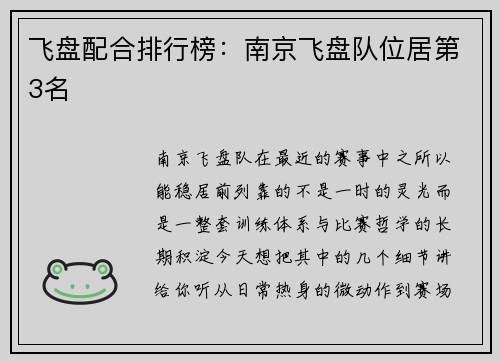 飞盘配合排行榜：南京飞盘队位居第3名